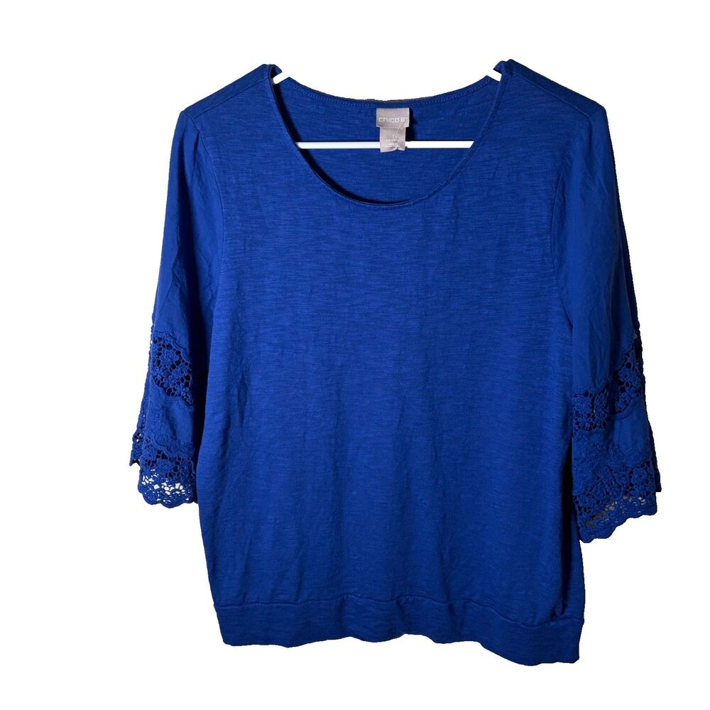 Chico's Blouse Women's 1 Boxy 3/4 Sleeve Medium Eyelet Casual Shirt Top Round